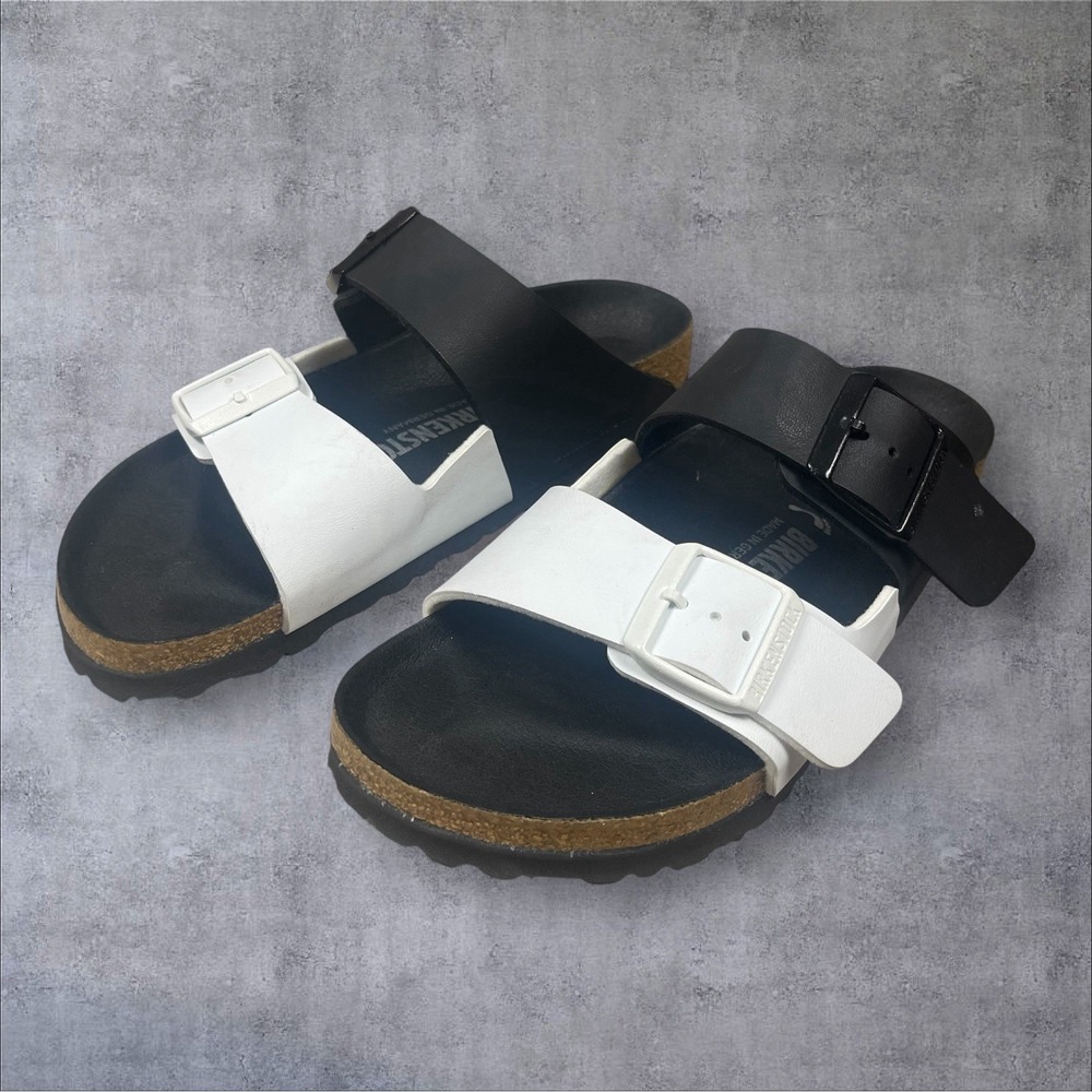 Birkenstock Birko Flor Arizona Split Black/White Womens 6 (37) Comfort Two Strap - Picture 3 of 9